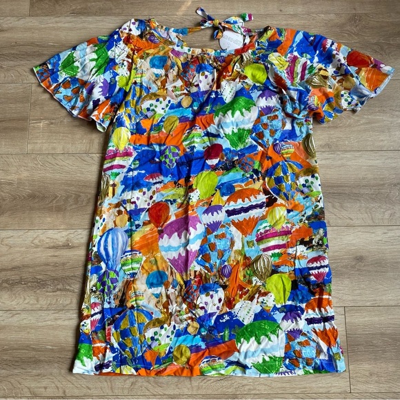 NWT Maloka Dress montgolfière artsy hot air balloon print flutter sleeve Viscose - Picture 2 of 15